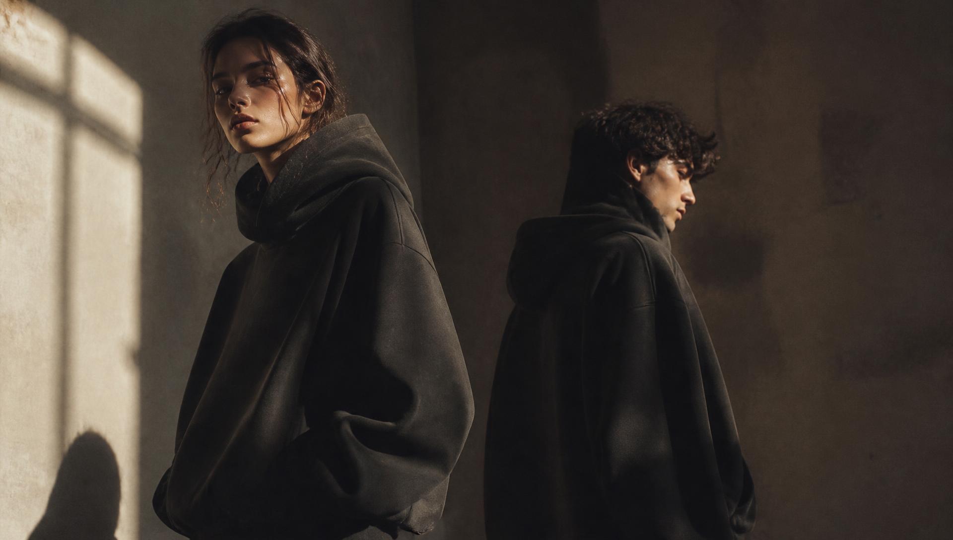 Two models in dark hoodies in a plaster room